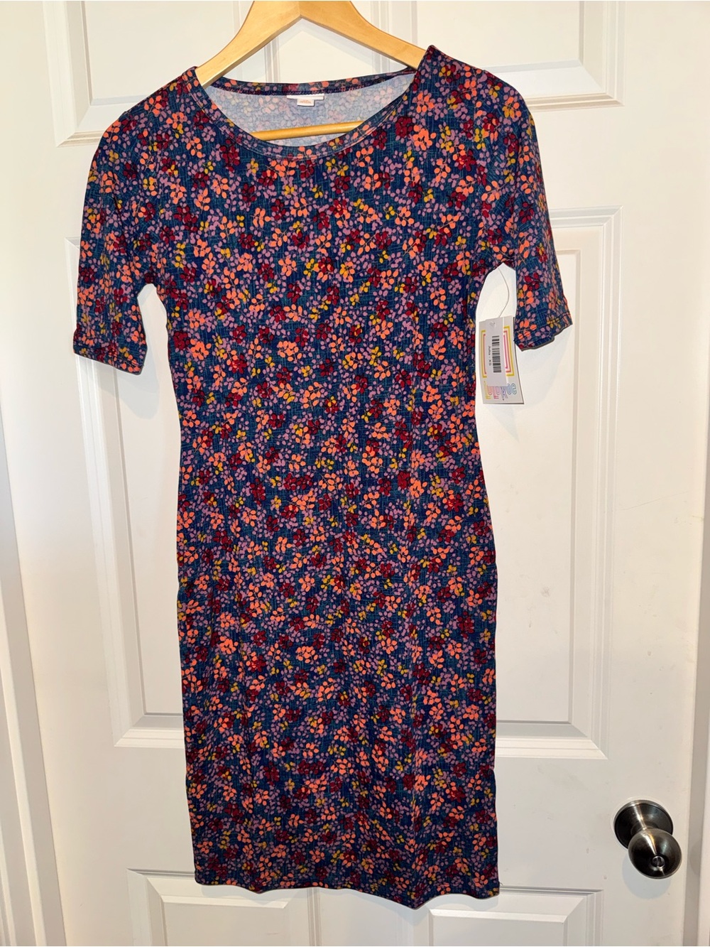 LuLaRoe Navy Julia Midi Dress with Pink and Orange Floral Print